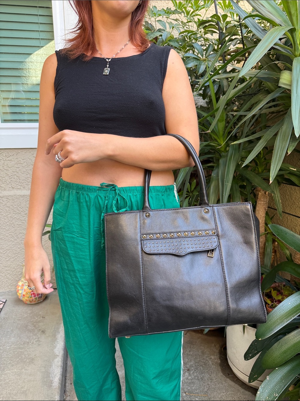 Classic Vintage Black Rebecca Minkoff Studded Tote Large Leather Bag - Handbag